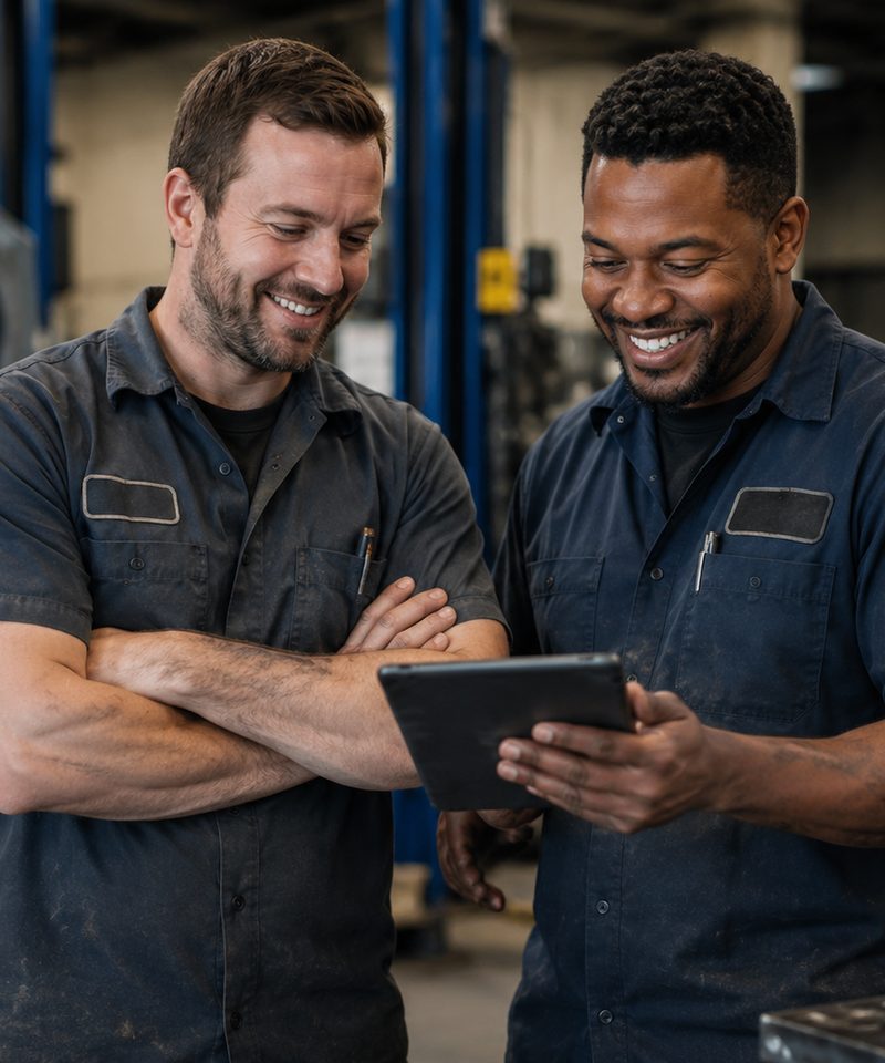 Two auto repair shop owners looking at a tablet together
