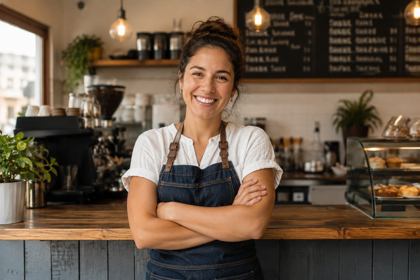 Small-business owner in an apron standing at the counter of a cafe